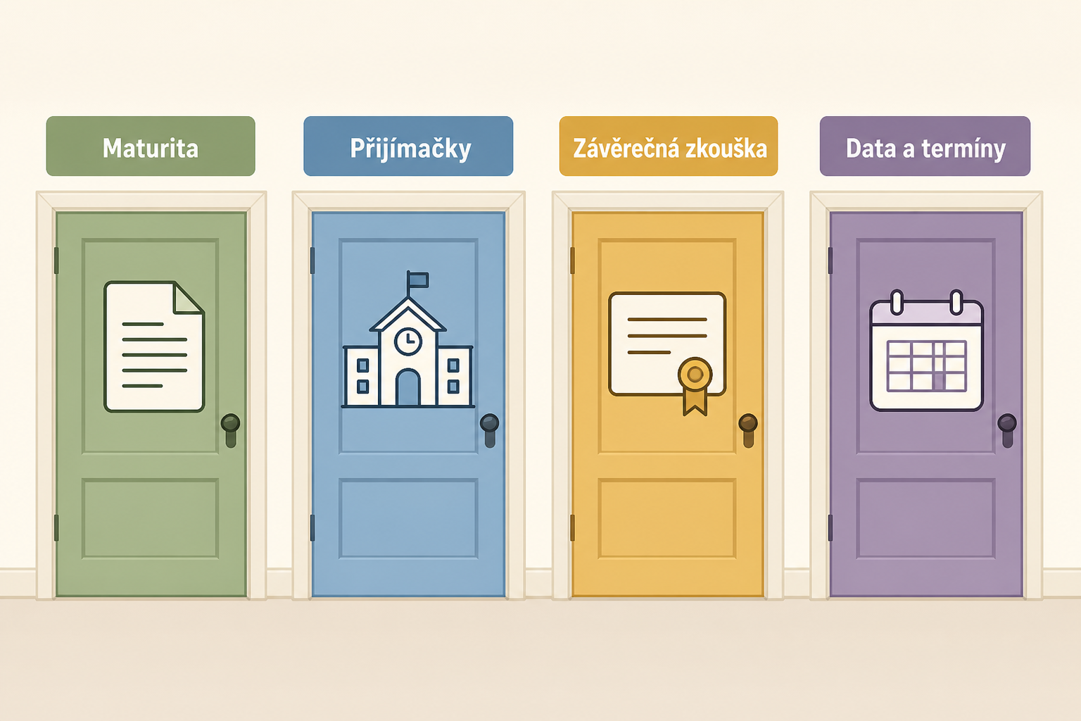 Čtyři dveře k oficiálním oblastem CERMAT: maturita, přijímačky, závěrečná zkouška a data.